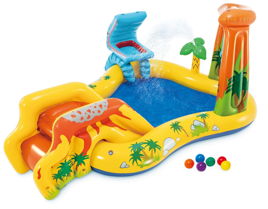 Dinosaur themed inflatable water park for kids.