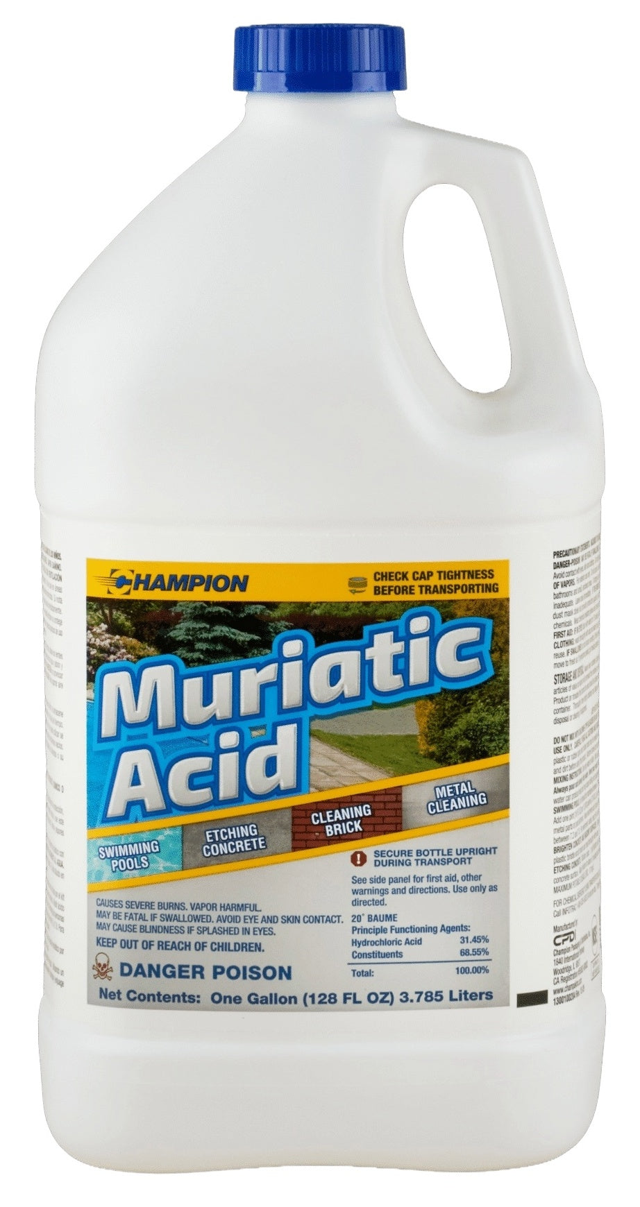 This image shows the jug of muriatic acid on a white background. The jug reads "Muriatic acid cleans swimming pools, it etches concrete, it cleans brick and metal."