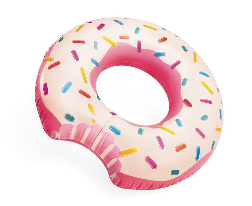 Pink inflatable inner tube. Designed to look like a frosted donut with multi-colored sprinkles.