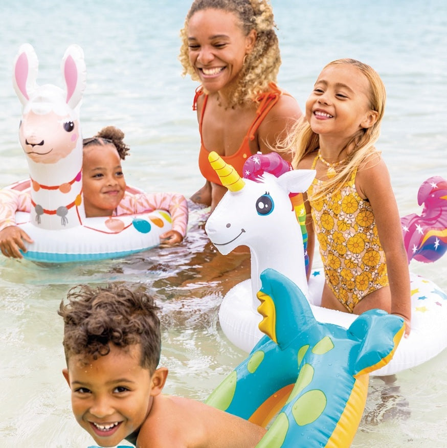 Inner tubes for kids shaped like different animals.