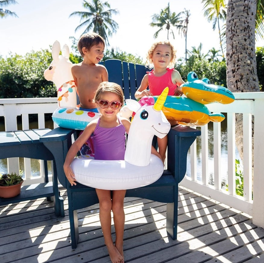 Inner tubes for kids shaped like different animals.