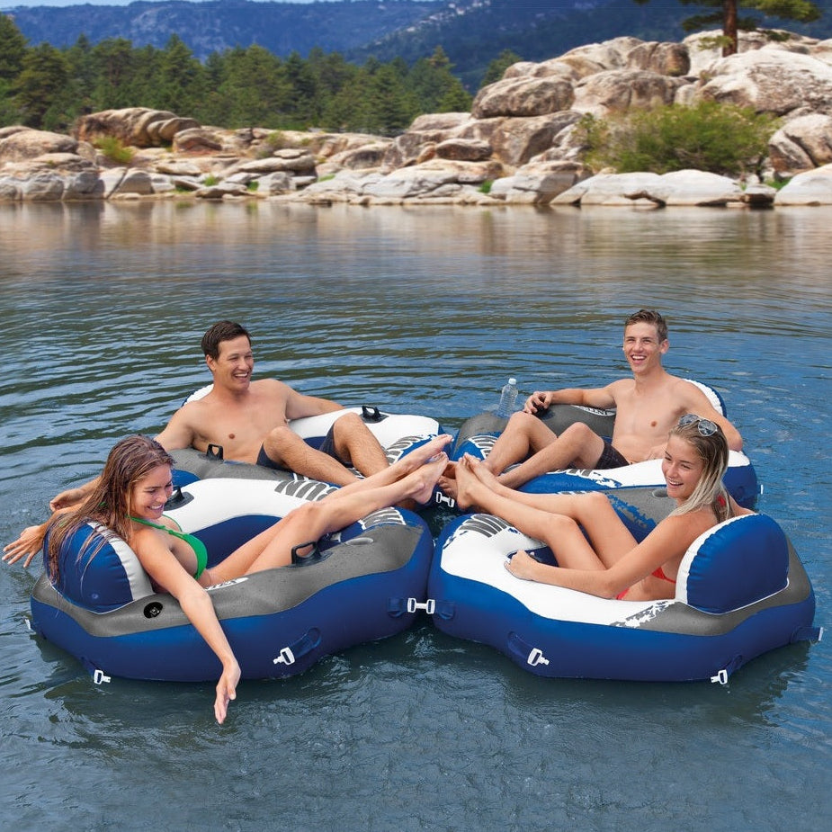 Blue and white inflatable connectable lounge.