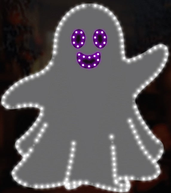 This image shows what this Halloween decoration looks like. It's a white ghost with two purple eyes and a purple smile.