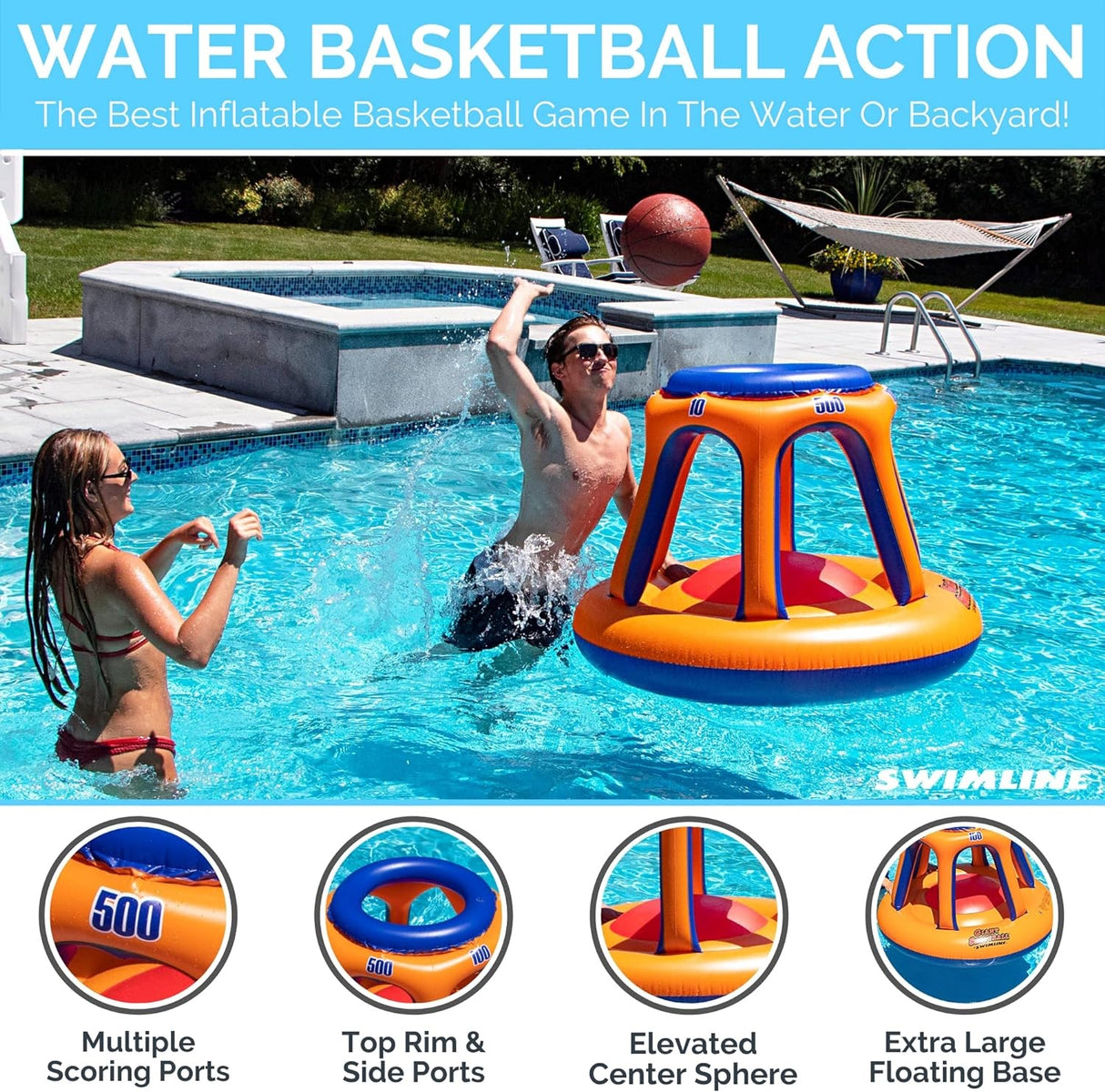 Pool inflatable shaped like a blue and orange basketball hoop.