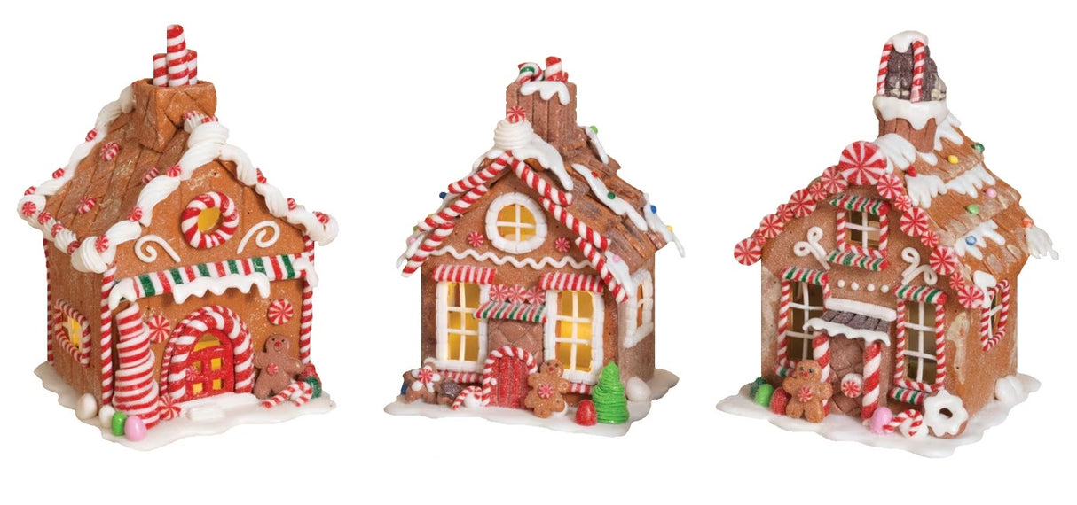 Tabletop decoration designed to look like a decorated gingerbread house. Features frosting, peppermint, gummy and sugar accents.