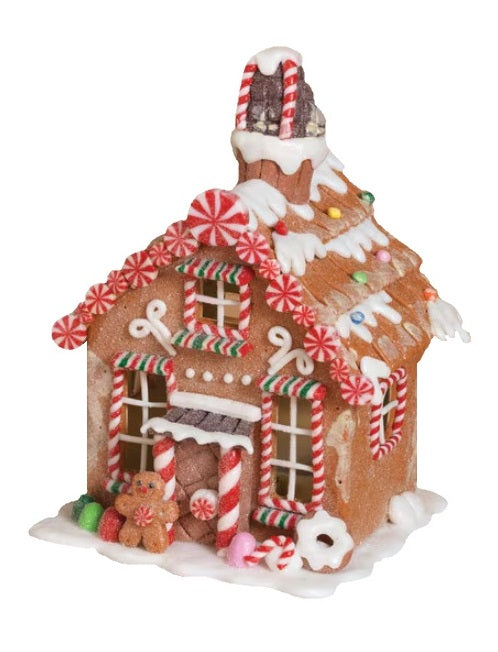 Tabletop decoration designed to look like a decorated gingerbread house. Features frosting, peppermint, gummy and sugar accents.
