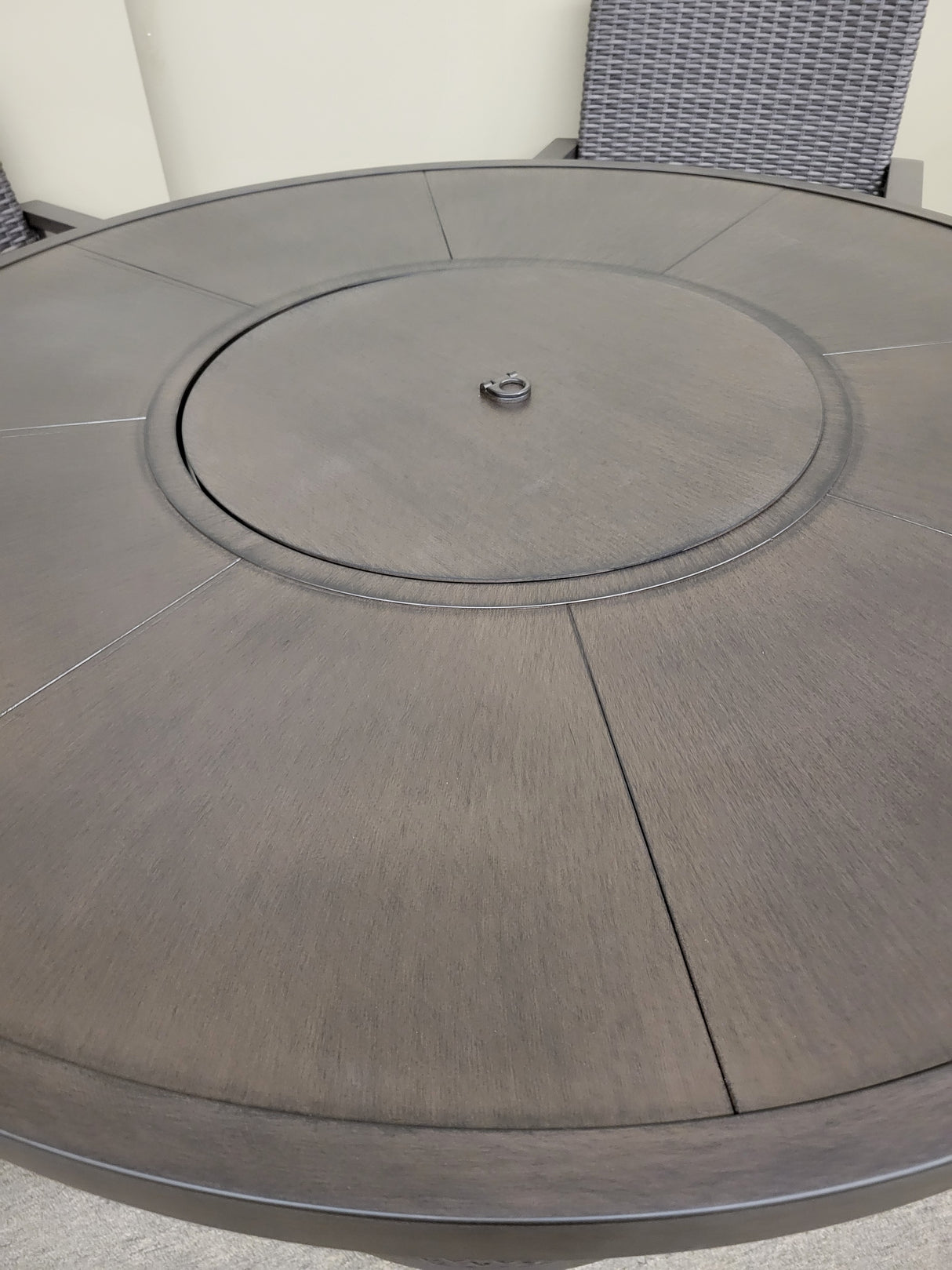 This is an up close view of the top of the fire pit table.