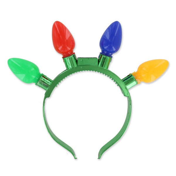 Green headband with four oversized bulbs that light up. One bulb is green, one bulb is red, one bulb is blue and one bulb is yellow.