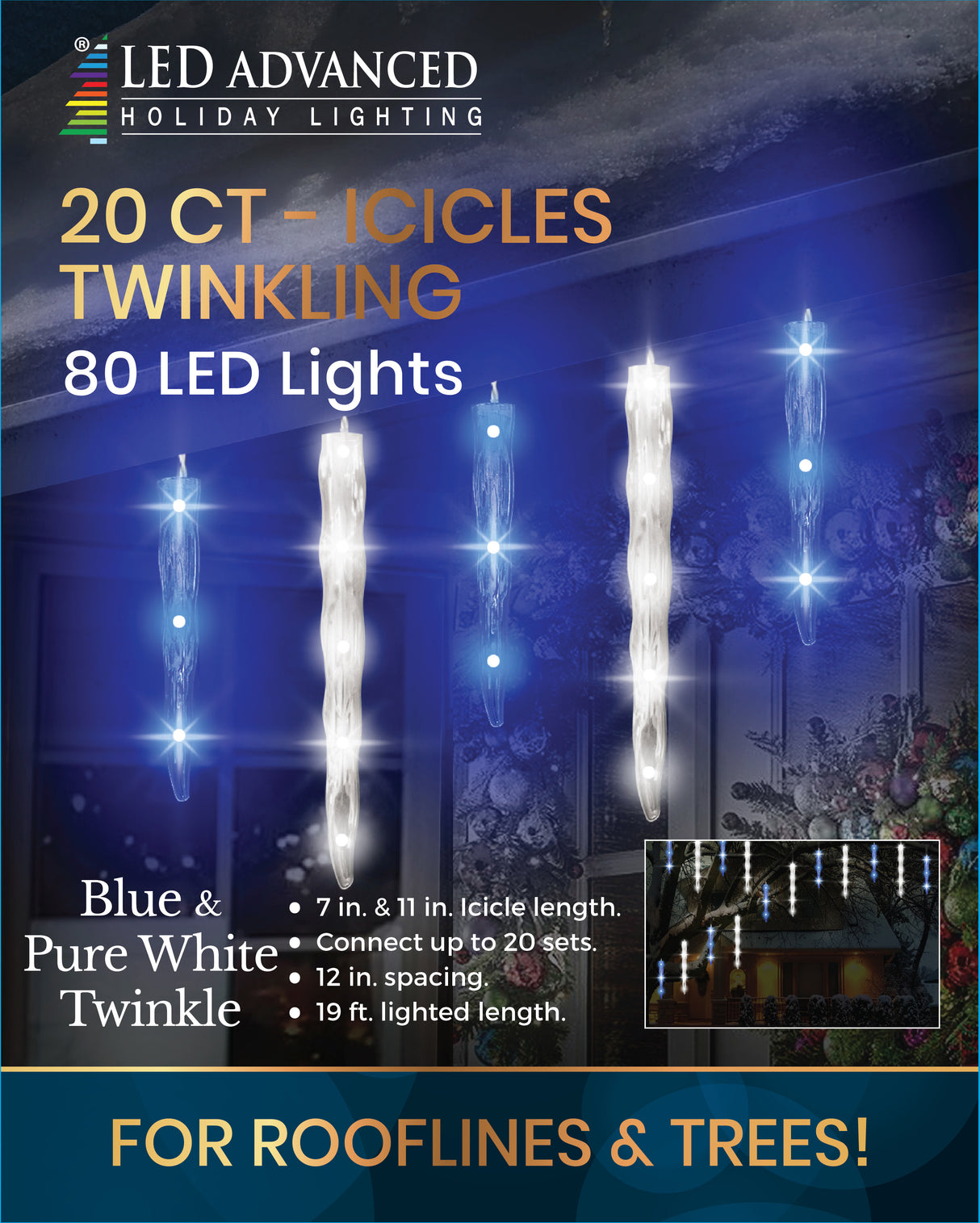 Set of 20 twinkling LED icicle lights. One set is pure white and blue. One set is warm white.