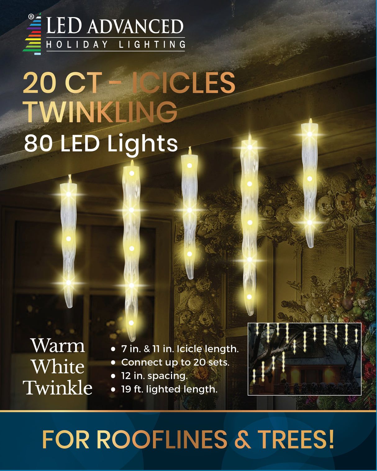 Set of 20 twinkling LED icicle lights. One set is pure white and blue. One set is warm white.