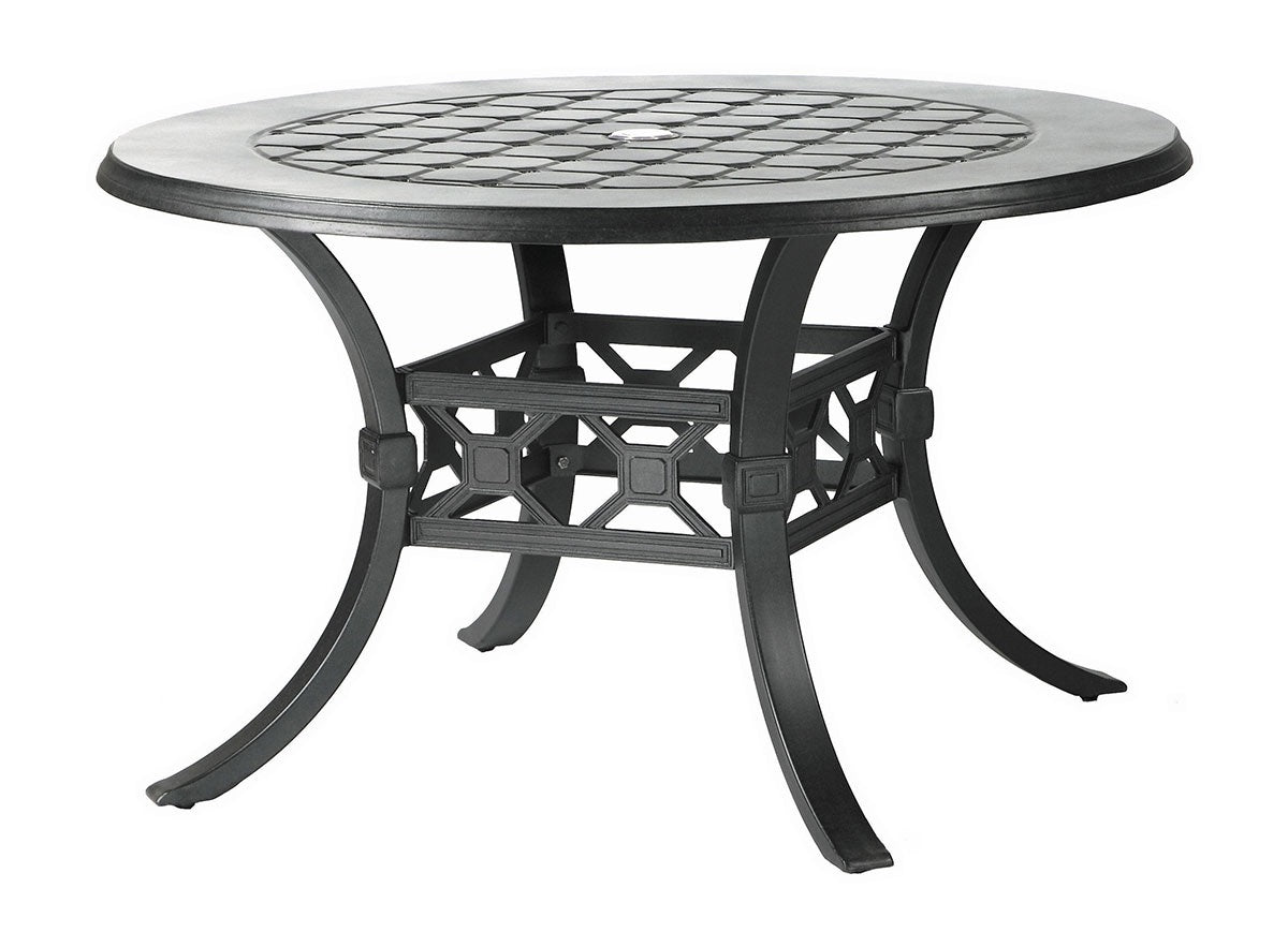A round aluminum dining table