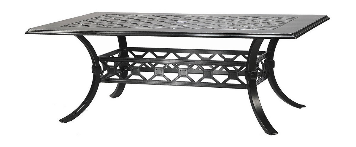 A rectangular aluminum dining table