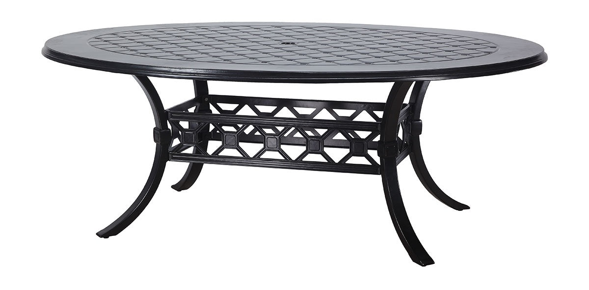 An oval aluminum dining table