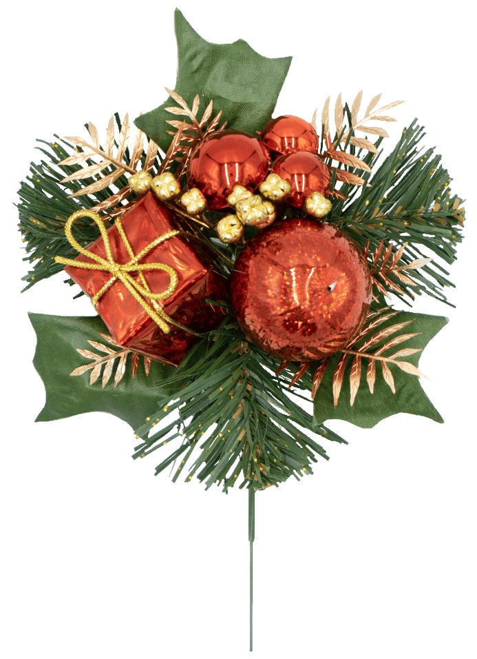 8" Festive Present, Bauble, Pine Cone, Berry & Pine Pick