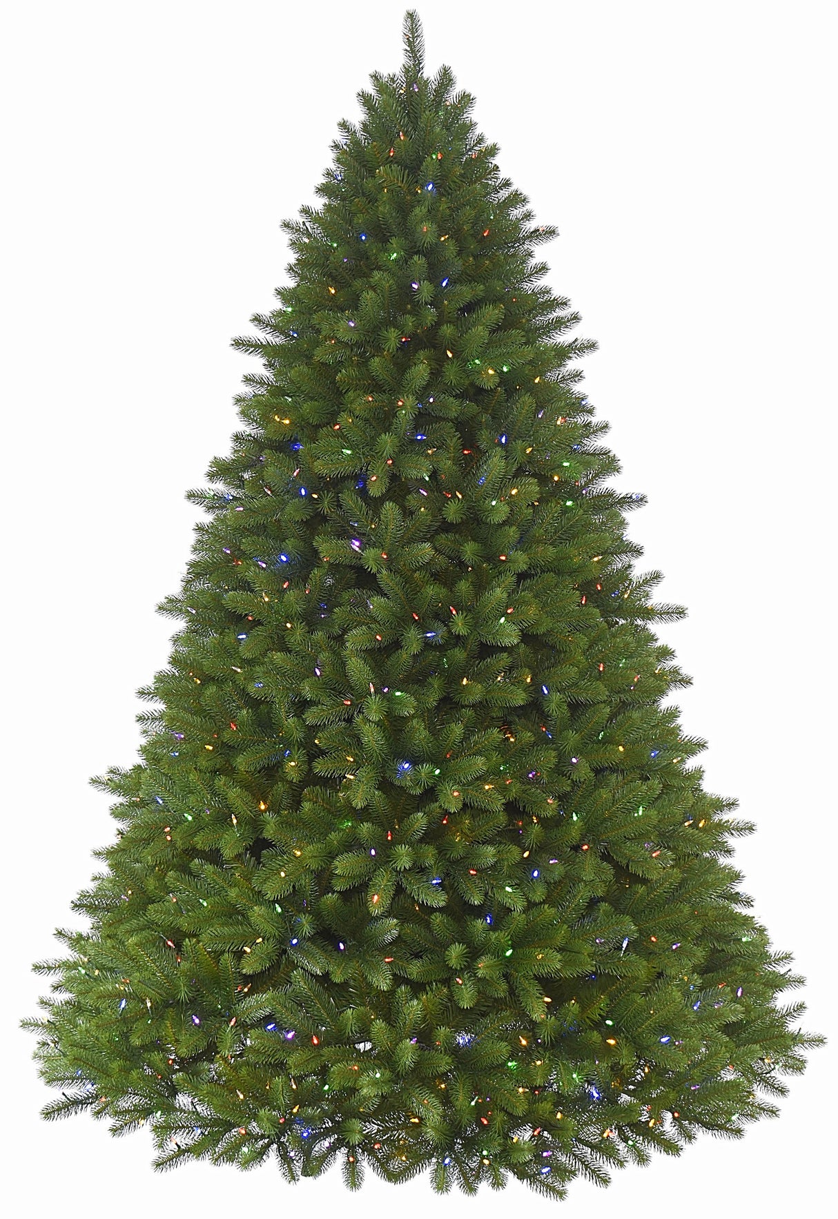 Artificial tree pre-lit with dual lights. Lights change from warm white to multi-colored.