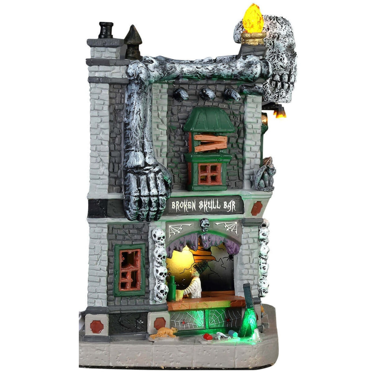 Porcelain lighted building for a Lemax display. Designed to look like a brick building with boarded up windows and skull accents. There are monsters visible inside the bar.