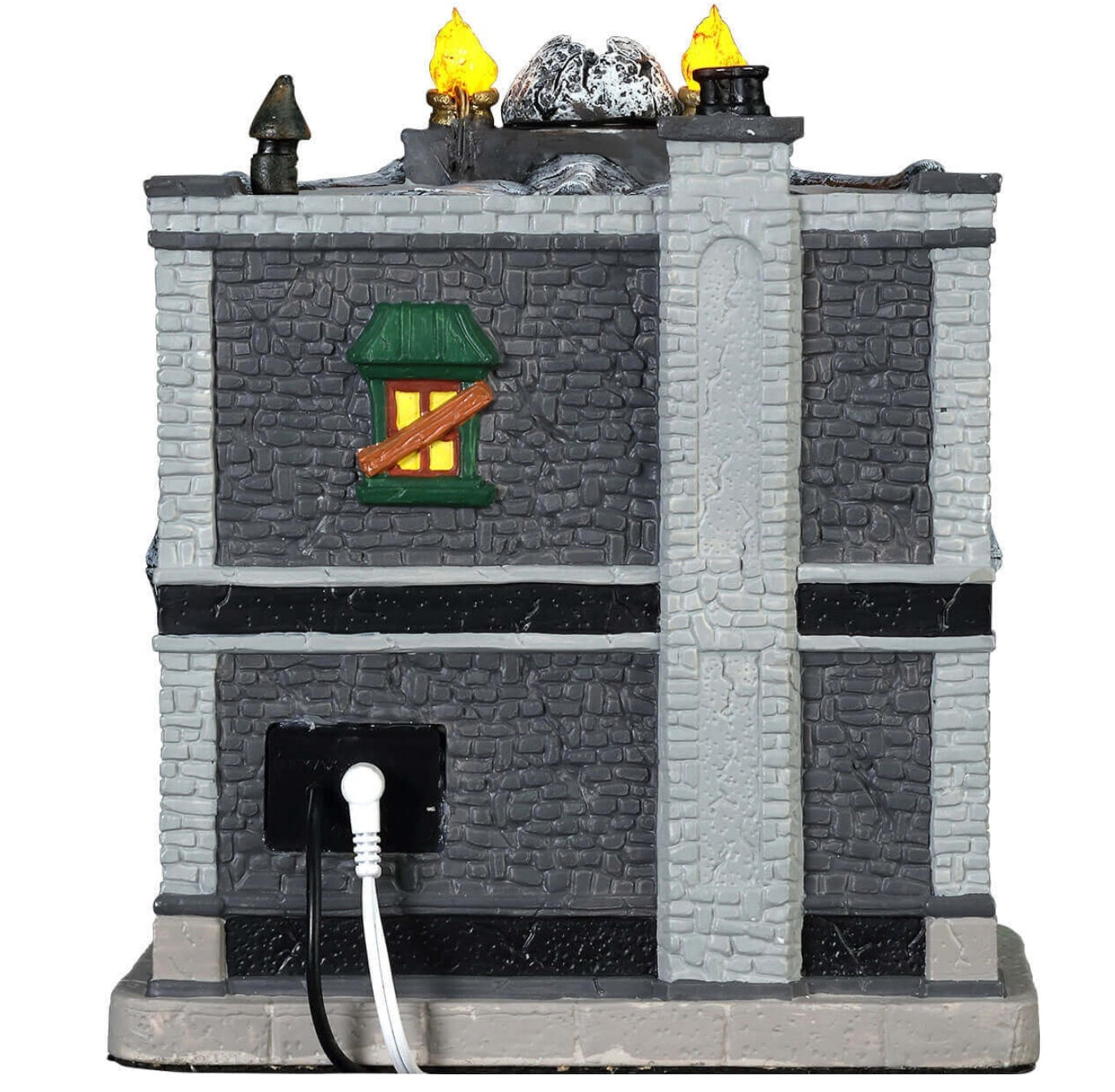 Porcelain lighted building for a Lemax display. Designed to look like a brick building with boarded up windows and skull accents. There are monsters visible inside the bar.