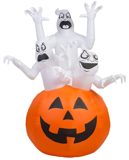 Halloween inflatable shaped like three spooky ghosts jumping out of a large jack-o-lantern.