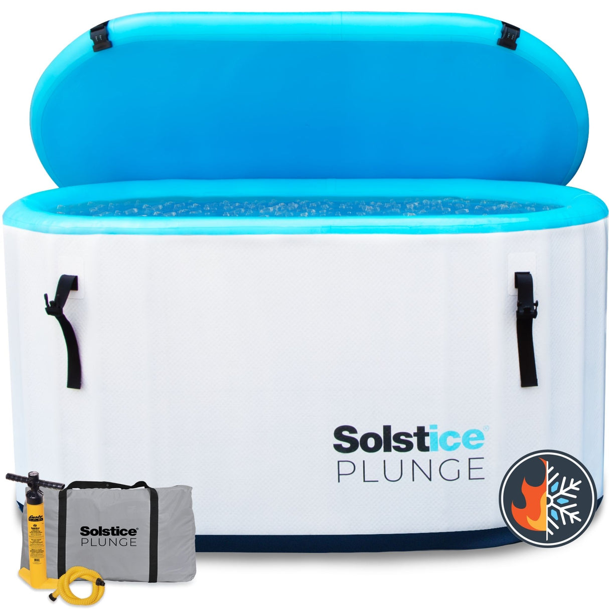 This image shows the inflatable cold plunge tub. The lid is off and there's water inside. The sides of this tub are gray and the lid/inside are a bright blue. The image also displays the included carrying tote bag if you want to travel with it. It also has an icon that indicates the water can be either hot or cold.