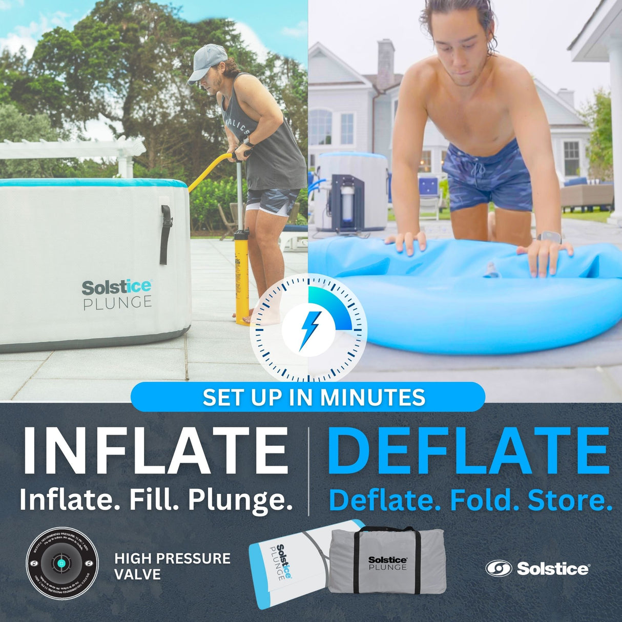This image shows someone pumping up the tub and reads "Set up in minutes. Inflate, fill, plunge. Deflate, fold, store."