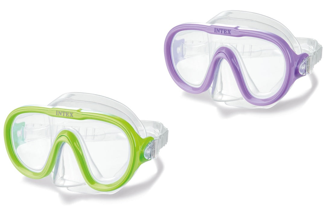 Swim mask. There are two color options: lime green or purple.