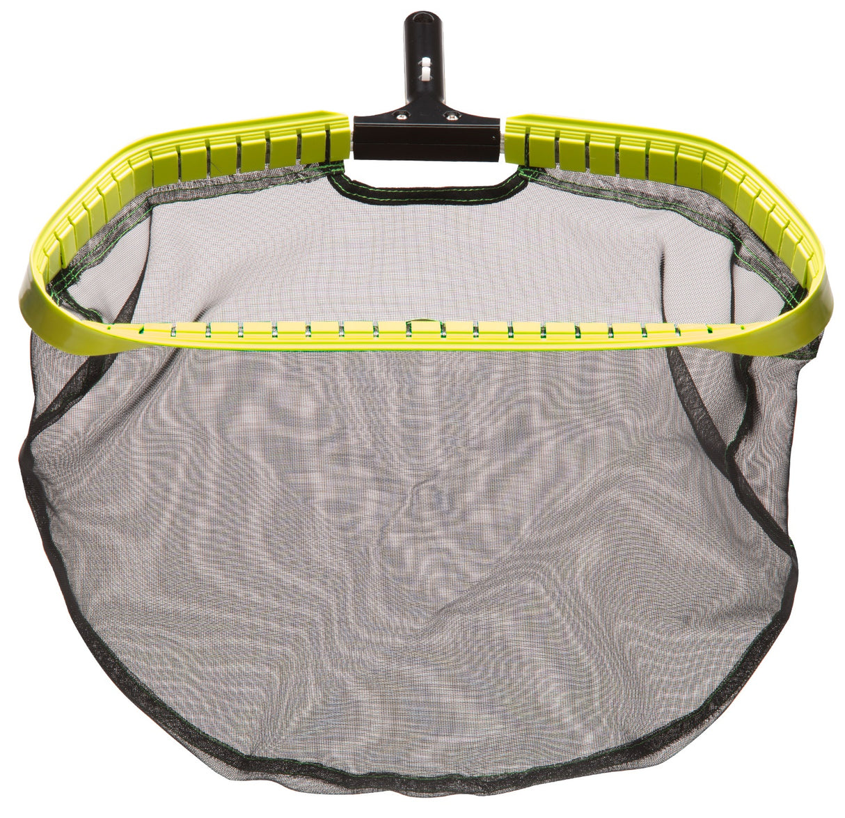 Pool skimmer head. The handle is black, the border is a lime green/yellow color and the bag is black.