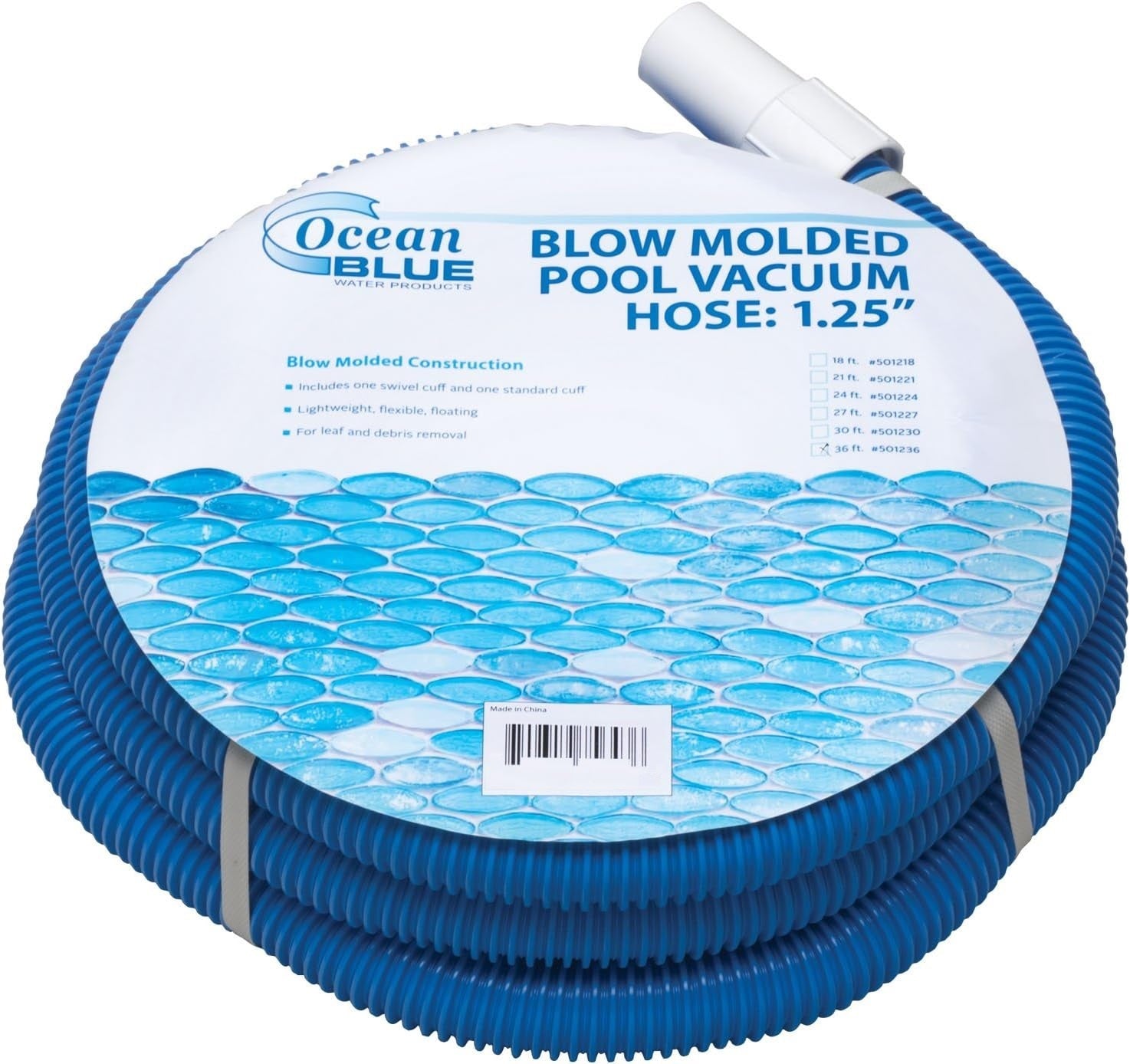 Blue molded vacuum hose. Measures 1.25 inches by 36 feet.