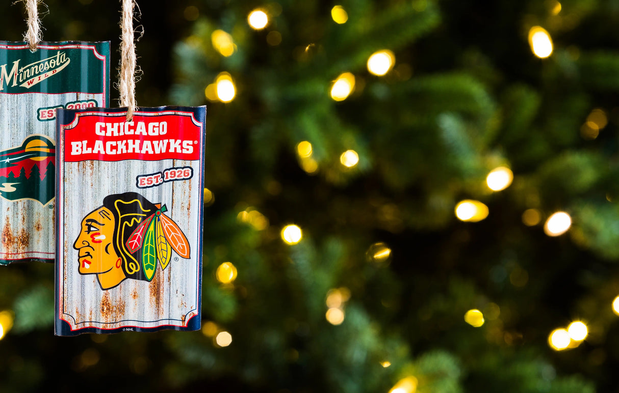 Corrugated Metal Blackhawks Ornament