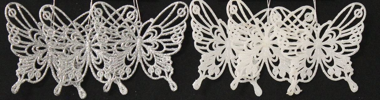3-Pack of Glitter Butterfly Ornaments (White/Silver)