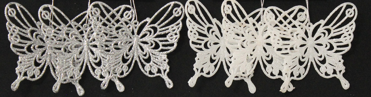 3-Pack of Glitter Butterfly Ornaments (White/Silver)