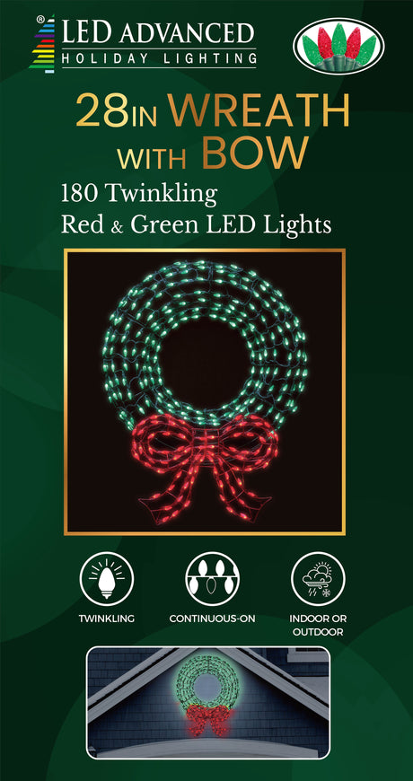 LED wreath wire decoration. Pre-lit with green and red lights.