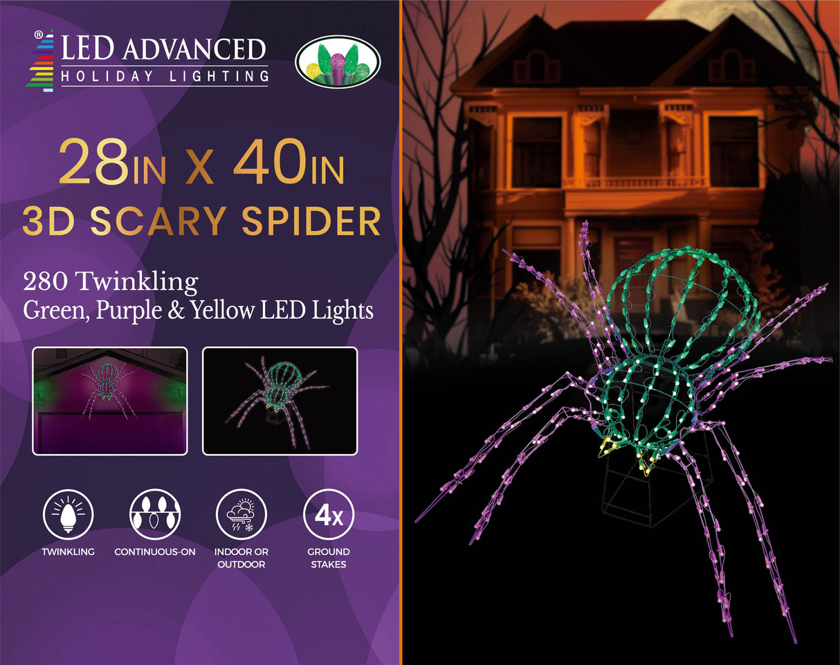 Twinkling LED outdoor decoration for Halloween. Shaped like a giant green and purple spider.