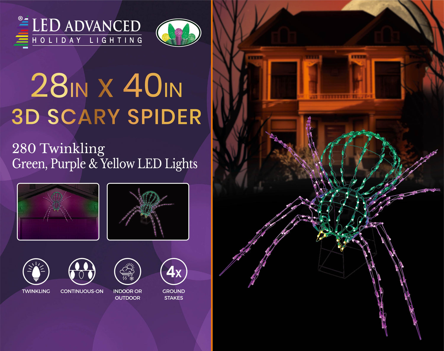 Twinkling LED outdoor decoration for Halloween. Shaped like a giant green and purple spider.