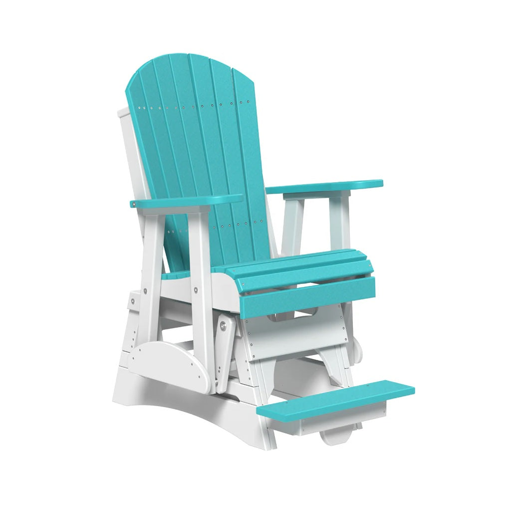 This is the Aruba Blue and White colored Adirondack glider chair on a white background.