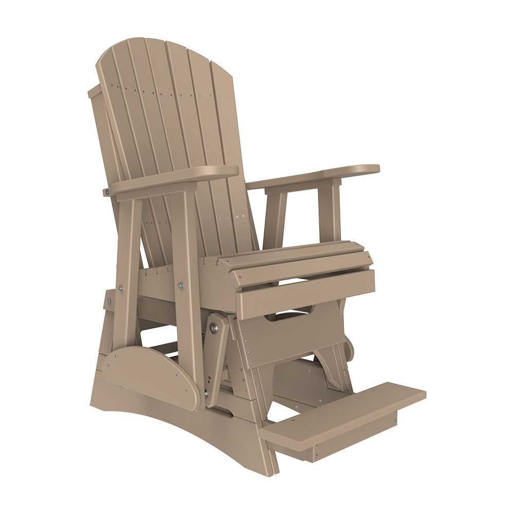This is the Weatherwood colored Adirondack glider chair on a white background.