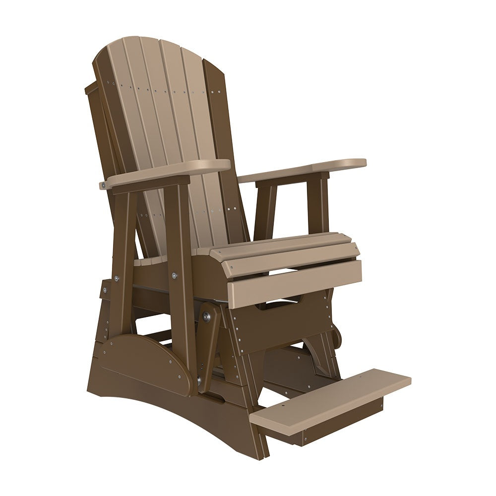 This is the Weatherwood and Chestnut Brown colored Adirondack glider chair on a white background.