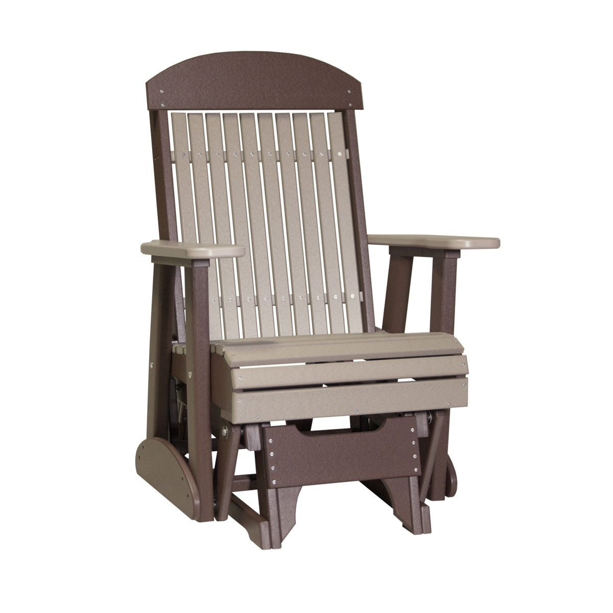 This is the Weatherwood and Chestnut Brown colored classic glider chair on a white background.