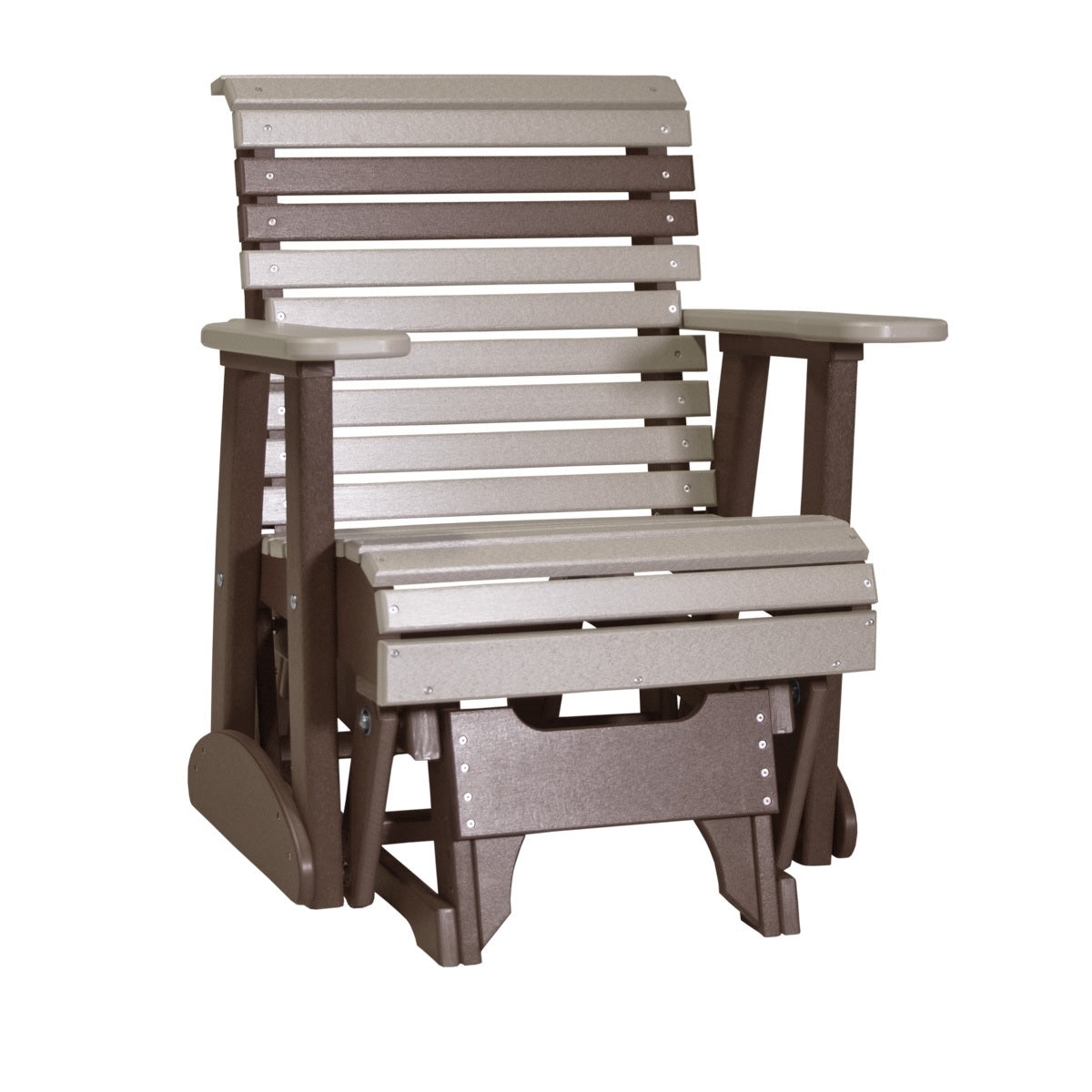 This is the Weatherwood and Chestnut Brown colored glider chair on a white background.