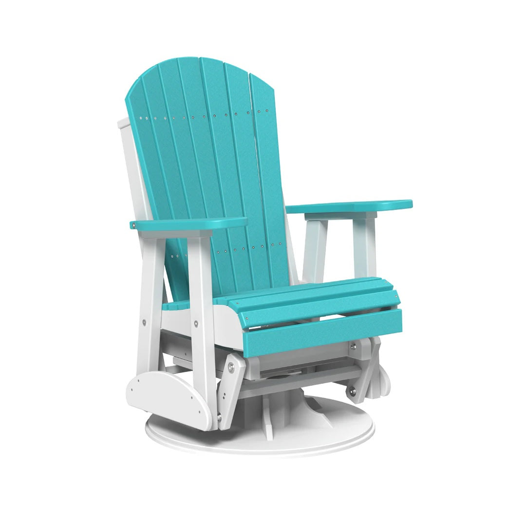 This is the Aruba Blue and White colored Adirondack swivel glider chair on a white background.