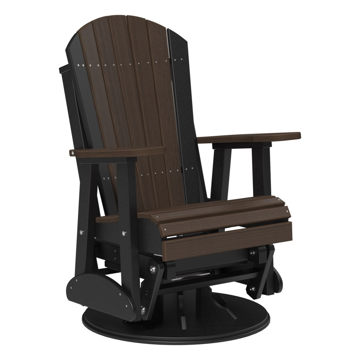This is the Brazilian Walnut and Black colored Adirondack swivel glider chair on a white background.