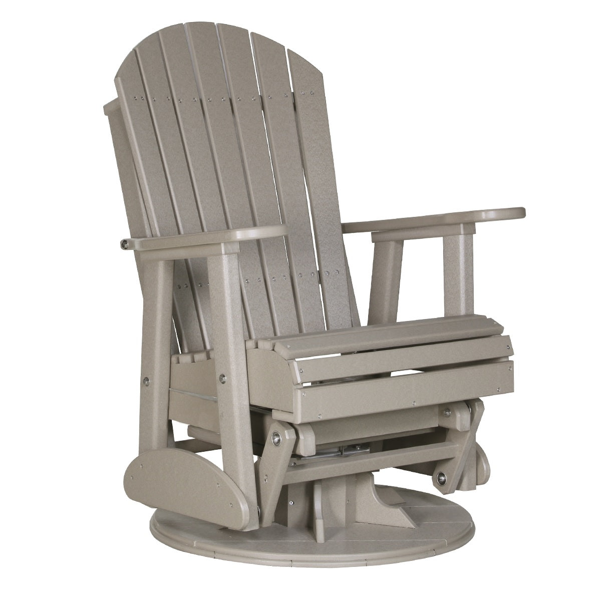 This is the Weatherwood colored Adirondack swivel glider chair on a white background.