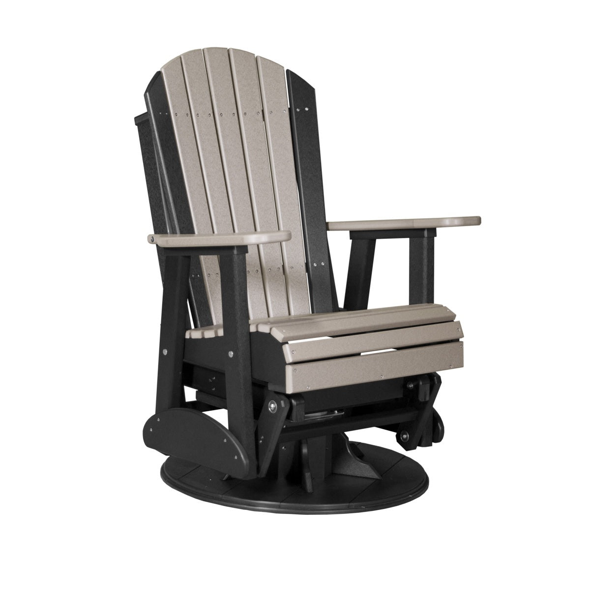 This is the Weatherwood and Black colored Adirondack swivel glider chair on a white background.