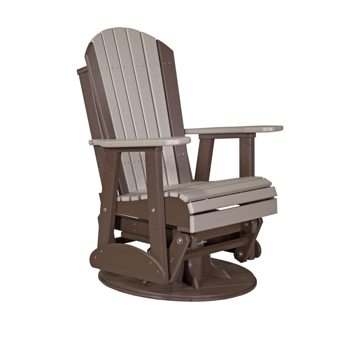 This is the Weatherwood and Chestnut Brown colored Adirondack swivel glider chair on a white background.