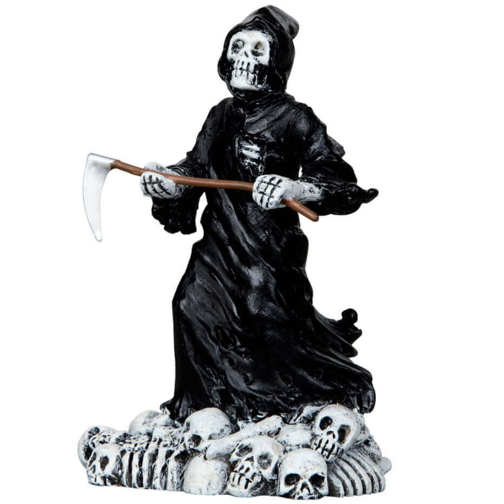 Polyresin figurine for a Lemax Spooky Town display. Designed to look like a grim reaper dressed in an oversized black robe. He's holding a scythe and is standing on a pile of skulls.
