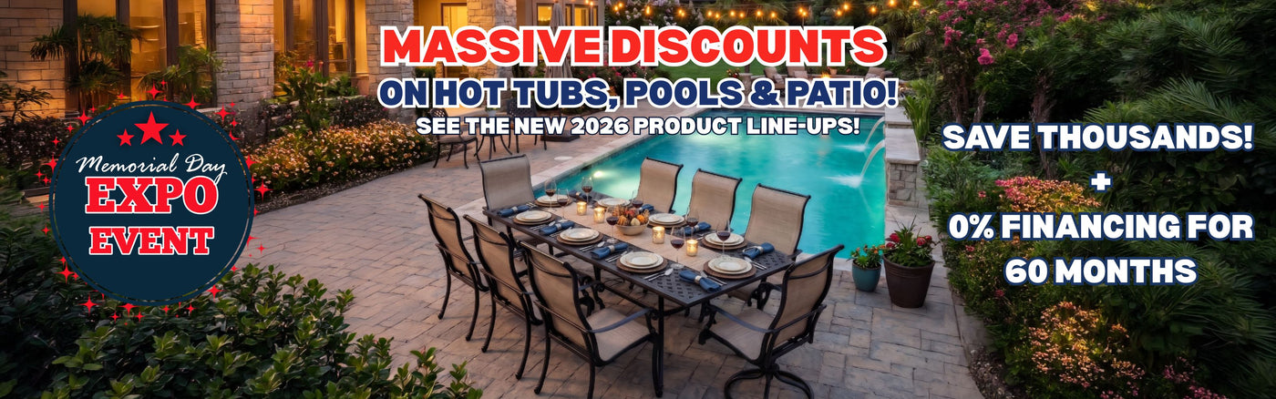 American Sale Memorial Day Expo Sale website banner for Hot Tub, Pool, and Patio Expo with images of hot tubs, pools, and outdoor furniture. Plus save thousands and 0% financing for 60 months!