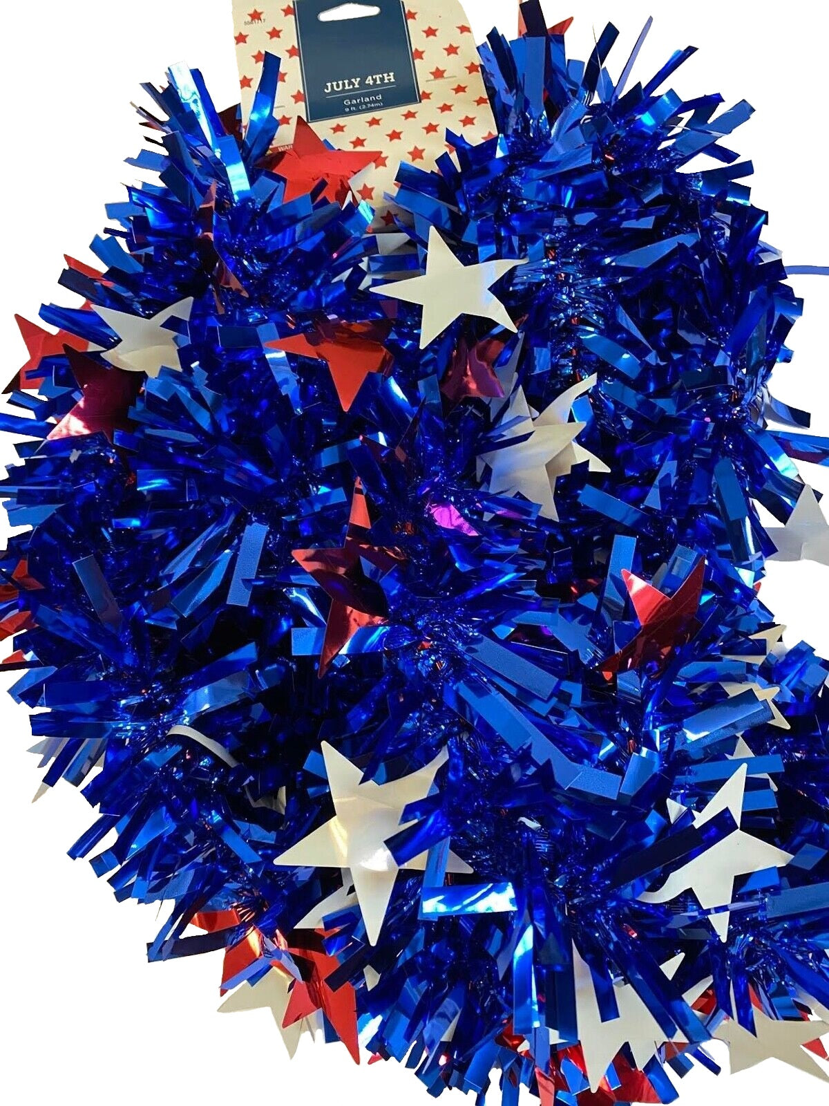 Blue decorating tinsel with red and white tinsel stars.