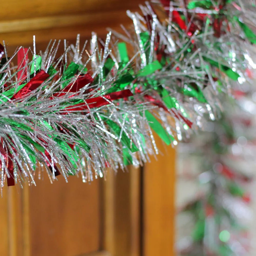 15' Fancy Laser Red, Green & Silver Metallic Tinsel Garland