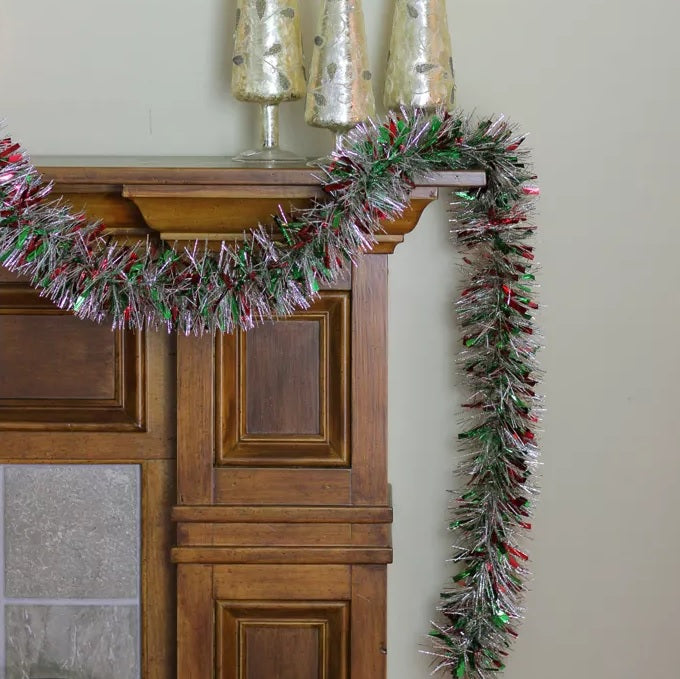 15' Fancy Laser Red, Green & Silver Metallic Tinsel Garland