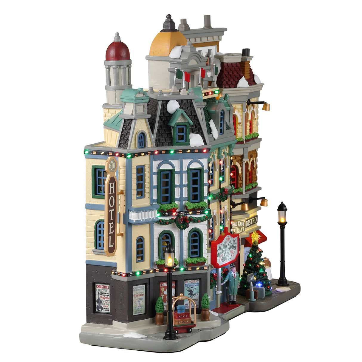 Resin lighted building for a Lemax display. Designed to look like a bunch of storefronts decorated for Christmas. There's a hotel, a cafe and a bistro.