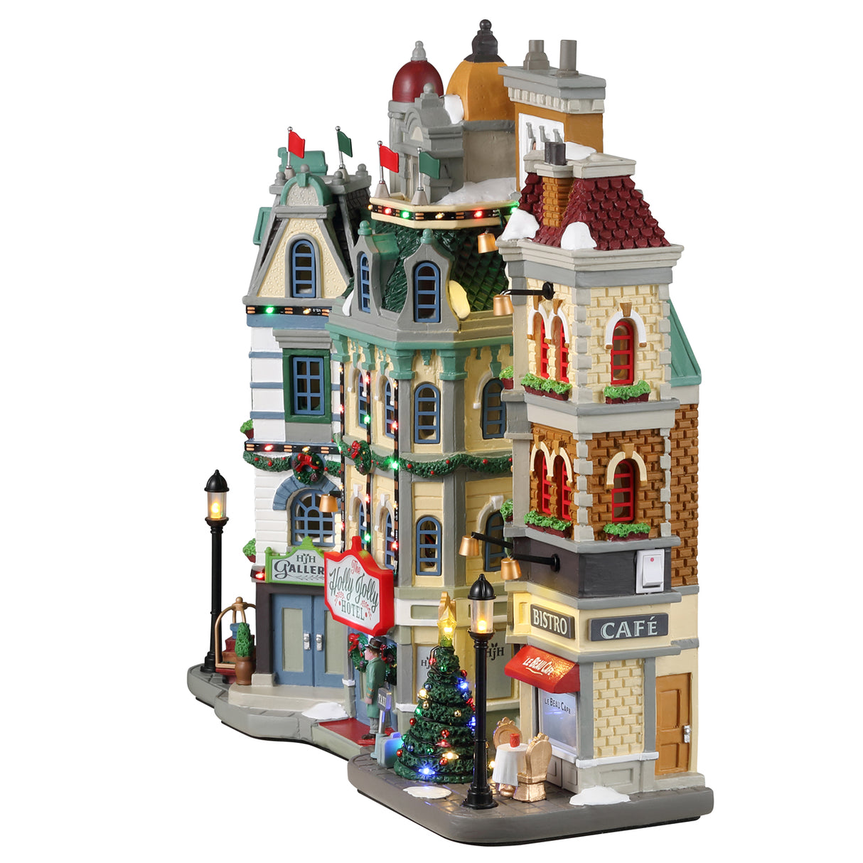 Resin lighted building for a Lemax display. Designed to look like a bunch of storefronts decorated for Christmas. There's a hotel, a cafe and a bistro.